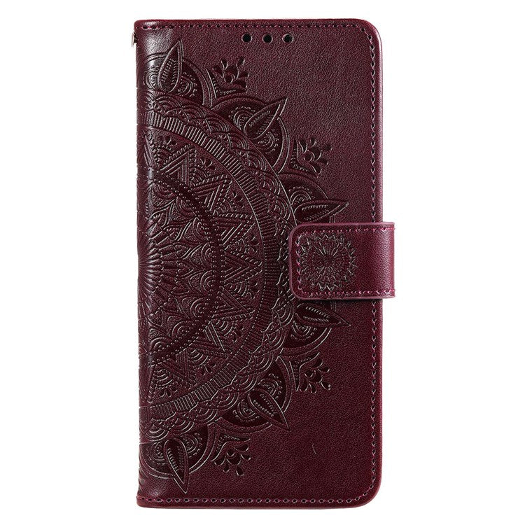 For Realme Narzo 50i Scratch Resistant PU Leather Phone Flip Cover, Wallet Stand Design Imprinted Mandala Flower Phone Case - Brown