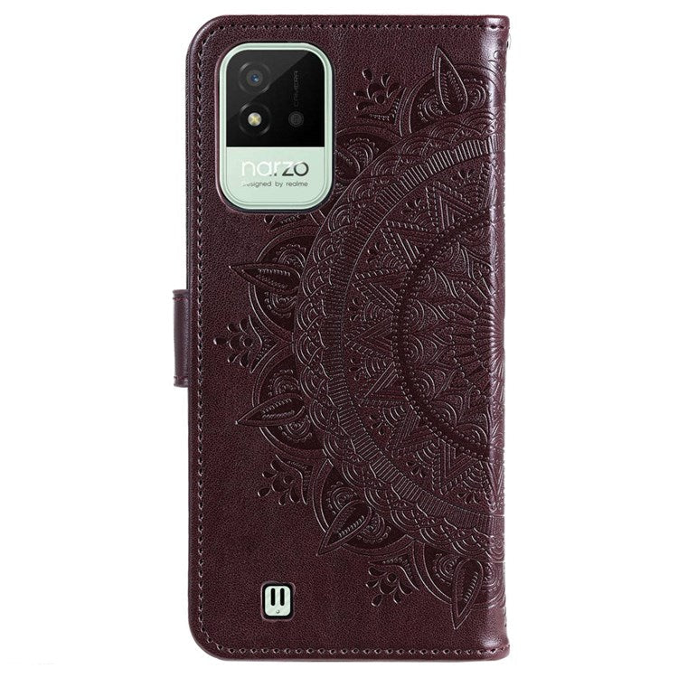 For Realme Narzo 50i Scratch Resistant PU Leather Phone Flip Cover, Wallet Stand Design Imprinted Mandala Flower Phone Case - Brown