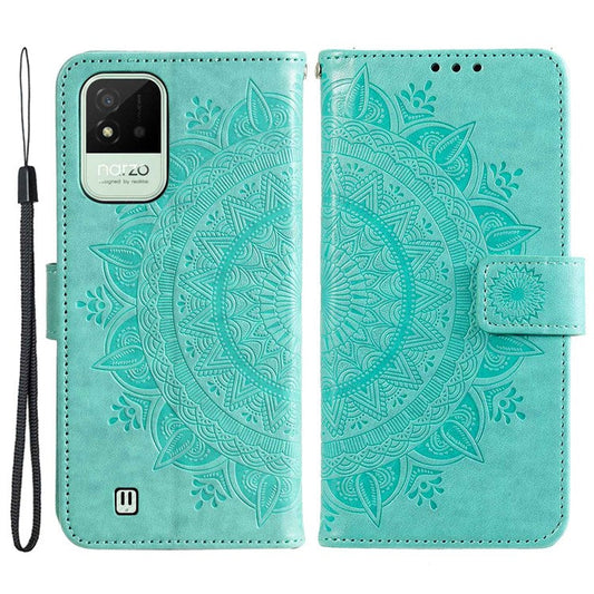 For Realme Narzo 50i Scratch Resistant PU Leather Phone Flip Cover, Wallet Stand Design Imprinted Mandala Flower Phone Case - Green