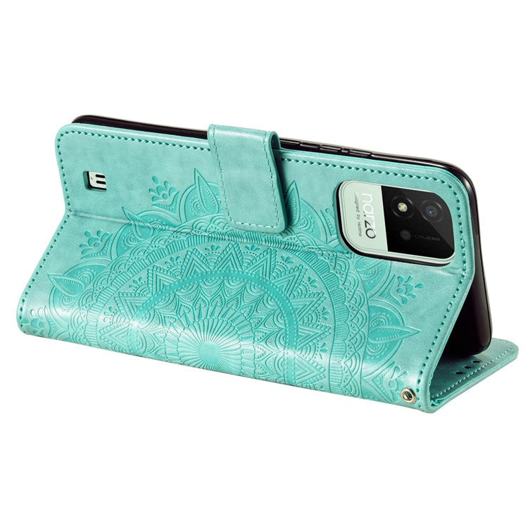 For Realme Narzo 50i Scratch Resistant PU Leather Phone Flip Cover, Wallet Stand Design Imprinted Mandala Flower Phone Case - Green