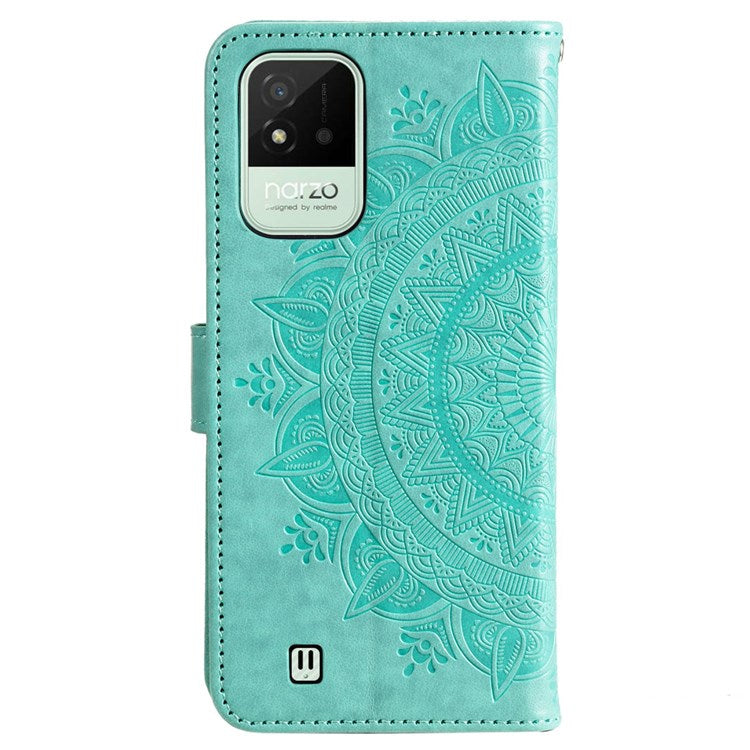For Realme Narzo 50i Scratch Resistant PU Leather Phone Flip Cover, Wallet Stand Design Imprinted Mandala Flower Phone Case - Green