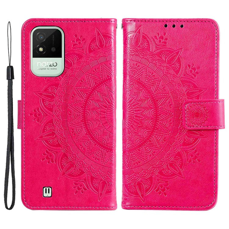 For Realme Narzo 50i Scratch Resistant PU Leather Phone Flip Cover, Wallet Stand Design Imprinted Mandala Flower Phone Case - Rose