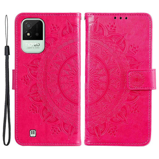 For Realme Narzo 50i Scratch Resistant PU Leather Phone Flip Cover, Wallet Stand Design Imprinted Mandala Flower Phone Case - Rose