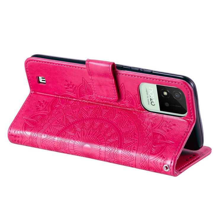 For Realme Narzo 50i Scratch Resistant PU Leather Phone Flip Cover, Wallet Stand Design Imprinted Mandala Flower Phone Case - Rose