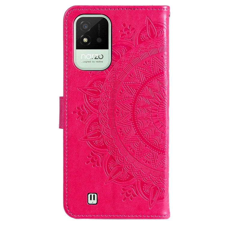 For Realme Narzo 50i Scratch Resistant PU Leather Phone Flip Cover, Wallet Stand Design Imprinted Mandala Flower Phone Case - Rose