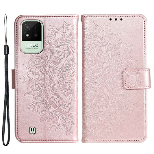 For Realme Narzo 50i Scratch Resistant PU Leather Phone Flip Cover, Wallet Stand Design Imprinted Mandala Flower Phone Case - Rose Gold