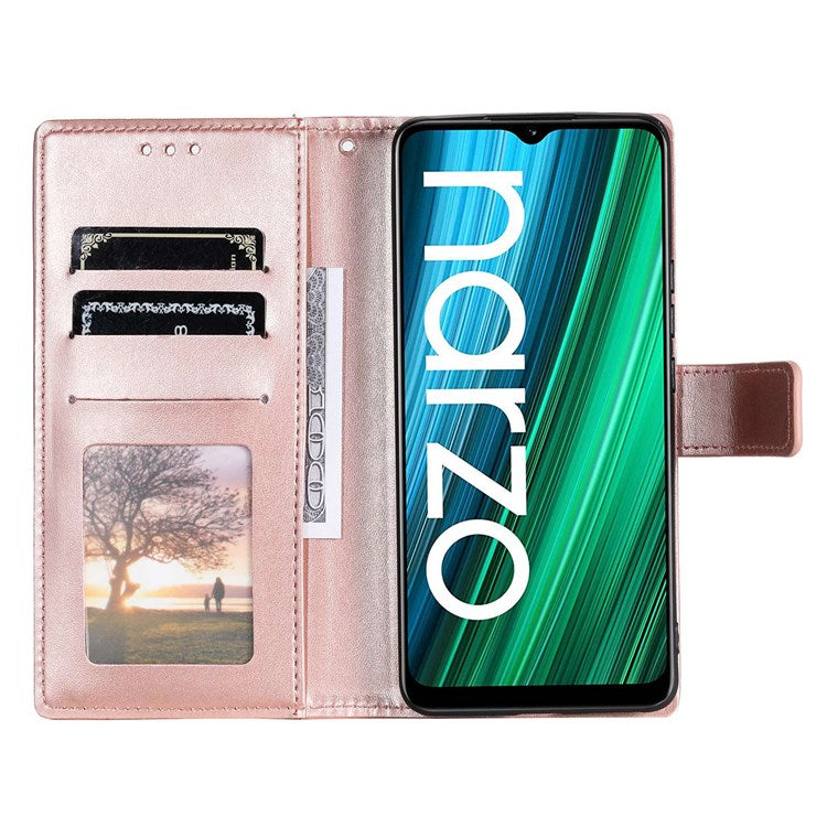 For Realme Narzo 50i Scratch Resistant PU Leather Phone Flip Cover, Wallet Stand Design Imprinted Mandala Flower Phone Case - Rose Gold