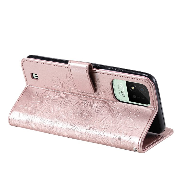 For Realme Narzo 50i Scratch Resistant PU Leather Phone Flip Cover, Wallet Stand Design Imprinted Mandala Flower Phone Case - Rose Gold