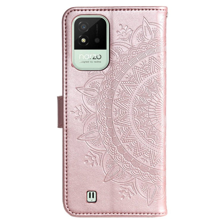 For Realme Narzo 50i Scratch Resistant PU Leather Phone Flip Cover, Wallet Stand Design Imprinted Mandala Flower Phone Case - Rose Gold