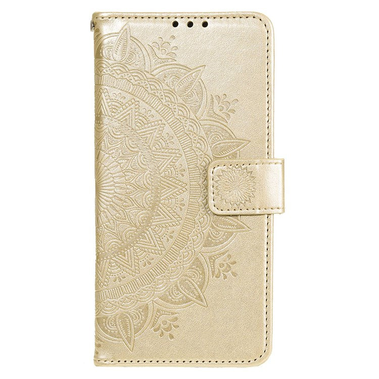 For Realme Narzo 50i Scratch Resistant PU Leather Phone Flip Cover, Wallet Stand Design Imprinted Mandala Flower Phone Case - Gold