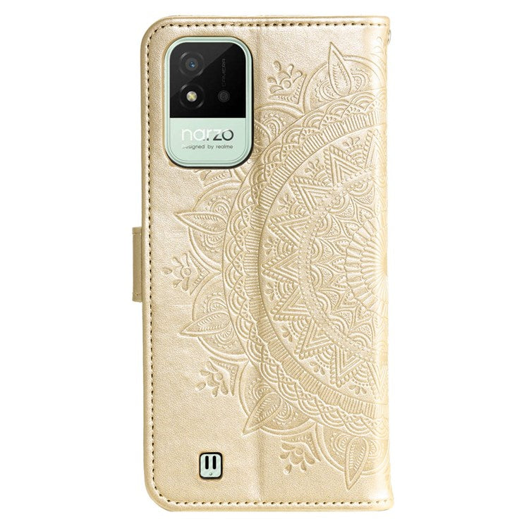 For Realme Narzo 50i Scratch Resistant PU Leather Phone Flip Cover, Wallet Stand Design Imprinted Mandala Flower Phone Case - Gold