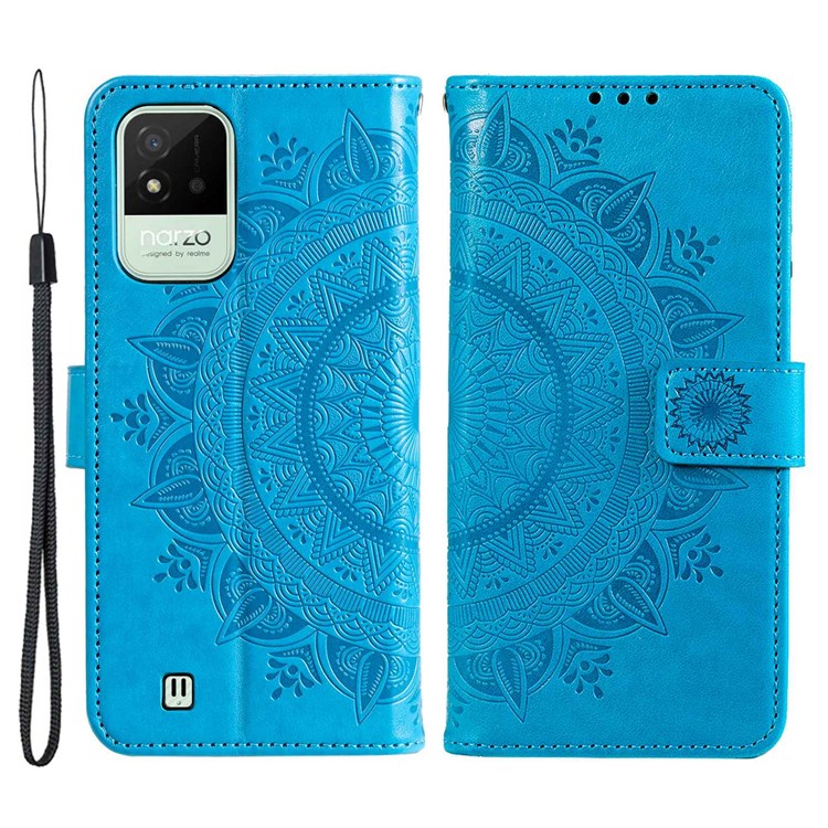 For Realme Narzo 50i Scratch Resistant PU Leather Phone Flip Cover, Wallet Stand Design Imprinted Mandala Flower Phone Case - Blue