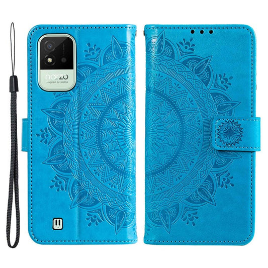 For Realme Narzo 50i Scratch Resistant PU Leather Phone Flip Cover, Wallet Stand Design Imprinted Mandala Flower Phone Case - Blue