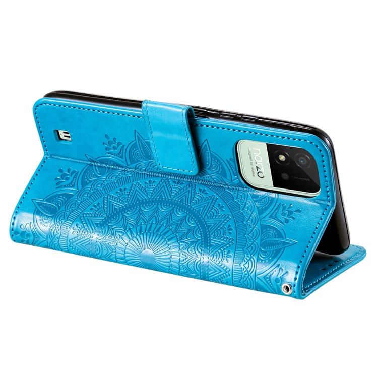 For Realme Narzo 50i Scratch Resistant PU Leather Phone Flip Cover, Wallet Stand Design Imprinted Mandala Flower Phone Case - Blue