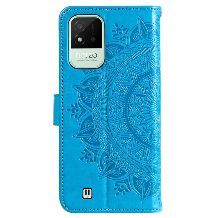For Realme Narzo 50i Scratch Resistant PU Leather Phone Flip Cover, Wallet Stand Design Imprinted Mandala Flower Phone Case - Blue