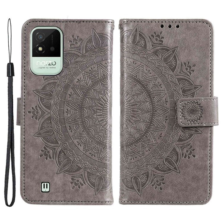 For Realme Narzo 50i Scratch Resistant PU Leather Phone Flip Cover, Wallet Stand Design Imprinted Mandala Flower Phone Case - Grey