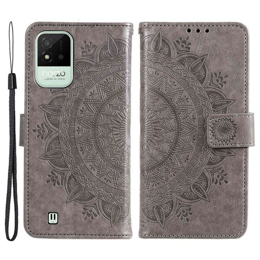 For Realme Narzo 50i Scratch Resistant PU Leather Phone Flip Cover, Wallet Stand Design Imprinted Mandala Flower Phone Case - Grey