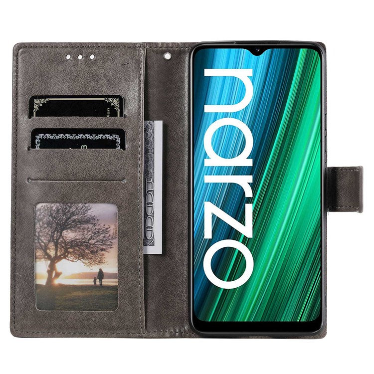 For Realme Narzo 50i Scratch Resistant PU Leather Phone Flip Cover, Wallet Stand Design Imprinted Mandala Flower Phone Case - Grey