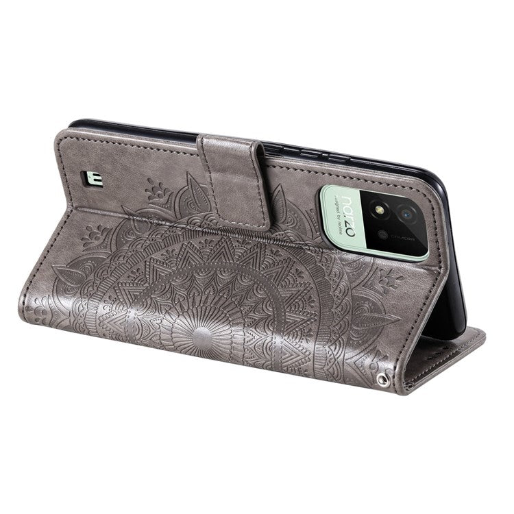 For Realme Narzo 50i Scratch Resistant PU Leather Phone Flip Cover, Wallet Stand Design Imprinted Mandala Flower Phone Case - Grey