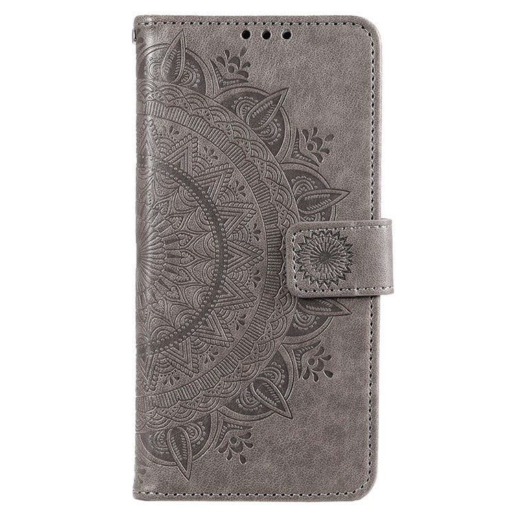 For Realme Narzo 50i Scratch Resistant PU Leather Phone Flip Cover, Wallet Stand Design Imprinted Mandala Flower Phone Case - Grey
