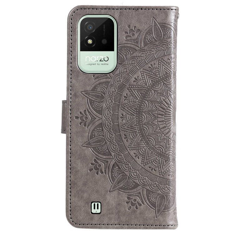 For Realme Narzo 50i Scratch Resistant PU Leather Phone Flip Cover, Wallet Stand Design Imprinted Mandala Flower Phone Case - Grey