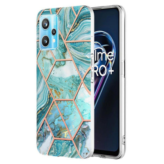For Realme 9 Pro+ YB IMD Series-3 Light Slim Marble Pattern Double-sided Electroplating Splicing IMD Anti-dust Soft TPU Shell - Blue