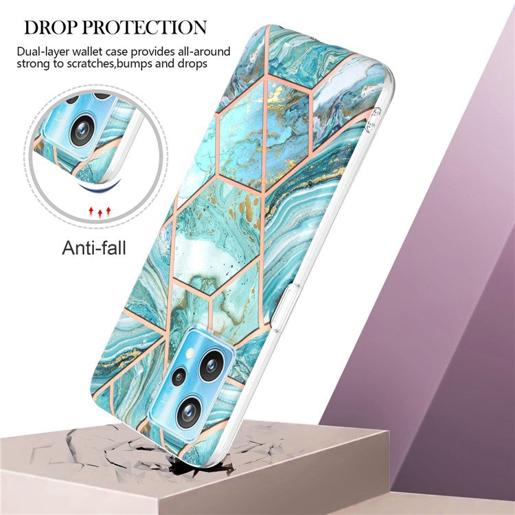 For Realme 9 Pro+ YB IMD Series-3 Light Slim Marble Pattern Double-sided Electroplating Splicing IMD Anti-dust Soft TPU Shell - Blue