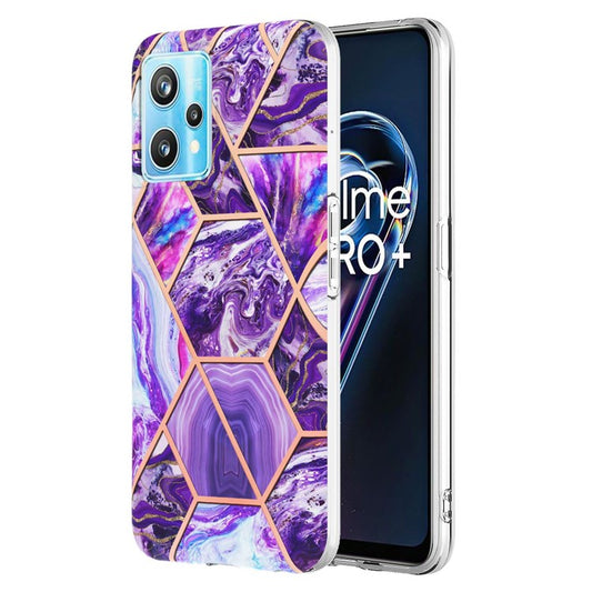 For Realme 9 Pro+ YB IMD Series-3 Light Slim Marble Pattern Double-sided Electroplating Splicing IMD Anti-dust Soft TPU Shell - Dark Purple