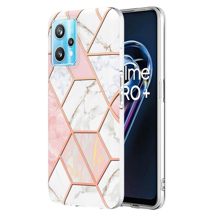 For Realme 9 Pro+ YB IMD Series-3 Light Slim Marble Pattern Double-sided Electroplating Splicing IMD Anti-dust Soft TPU Shell - Pink/White