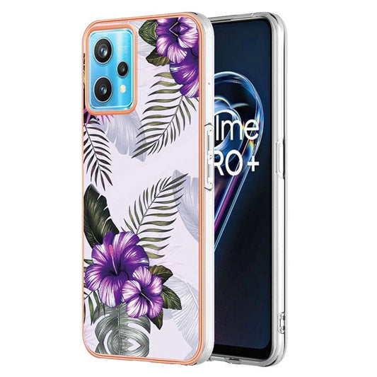 For Realme 9 Pro 5G / 9 5G / V25 YB IMD Series-1 Soft TPU Edge Anti-fingerprint Electroplating Case IMD Marble Floral Pattern Well-protected Cover - Purple Flowers