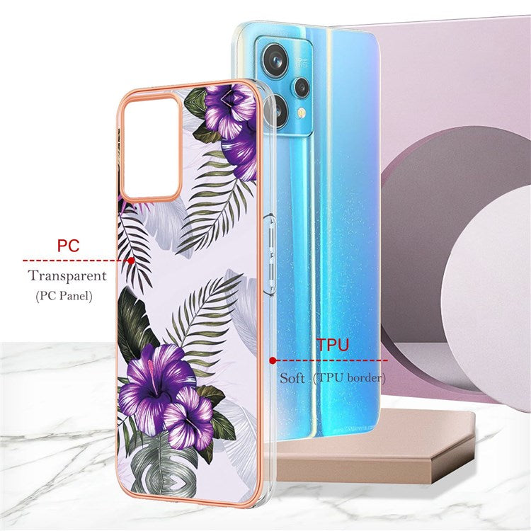 For Realme 9 Pro 5G / 9 5G / V25 YB IMD Series-1 Soft TPU Edge Anti-fingerprint Electroplating Case IMD Marble Floral Pattern Well-protected Cover - Purple Flowers