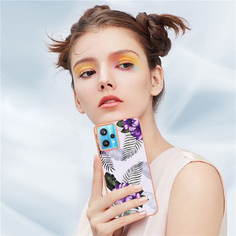 For Realme 9 Pro 5G / 9 5G / V25 YB IMD Series-1 Soft TPU Edge Anti-fingerprint Electroplating Case IMD Marble Floral Pattern Well-protected Cover - Purple Flowers