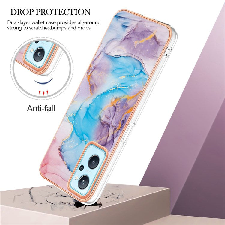 For Realme 9i/Oppo A76/A36 YB IMD Series-1 Anti-dirt Soft TPU Case Electroplating Edge IMD Marble Floral Pattern Support Wireless Charging Shell - Milky Way Marble Blue
