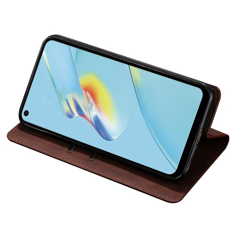 Soft Touch Anti-slip Case for Oppo Find X5 Magnetic Closure Folio Flip Cover Scratch Resistant PU Leather Protective Case with Stand - Dark Brown