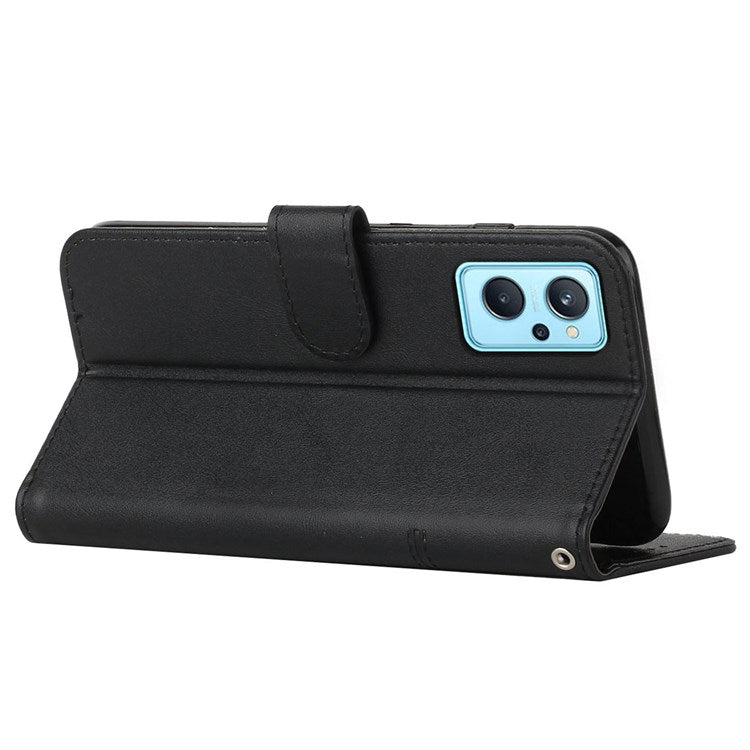 For Realme 9i/Oppo A36/A76 PU Leather Wallet Cover Stand Stitching Design Shockproof Flip Folio Protective Case with Strap - Black
