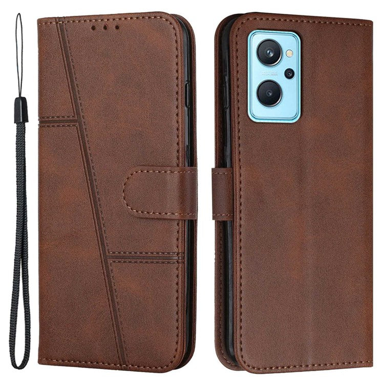 For Realme 9i/Oppo A36/A76 PU Leather Wallet Cover Stand Stitching Design Shockproof Flip Folio Protective Case with Strap - Brown