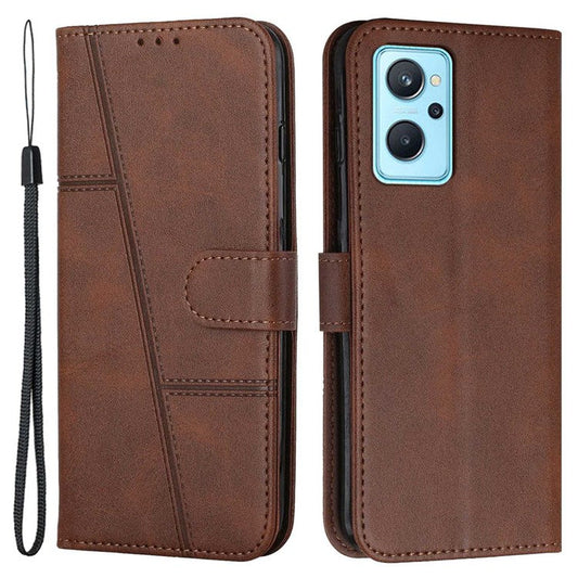 For Realme 9i/Oppo A36/A76 PU Leather Wallet Cover Stand Stitching Design Shockproof Flip Folio Protective Case with Strap - Brown