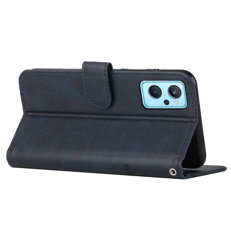 For Realme 9i/Oppo A36/A76 PU Leather Wallet Cover Stand Stitching Design Shockproof Flip Folio Protective Case with Strap - Sapphire