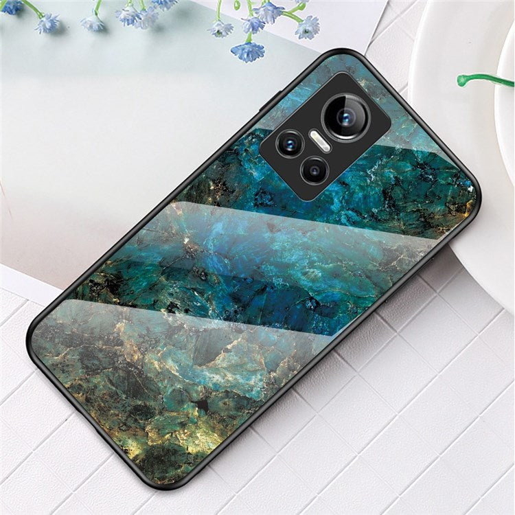 For Realme GT Neo3 Marble Pattern Tempered Glass + PC + TPU Phone Cover Scratch-Resistant Cell Phone Case - Emerald Marble