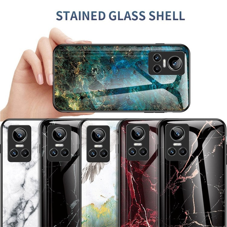For Realme GT Neo3 Marble Pattern Tempered Glass + PC + TPU Phone Cover Scratch-Resistant Cell Phone Case - Emerald Marble