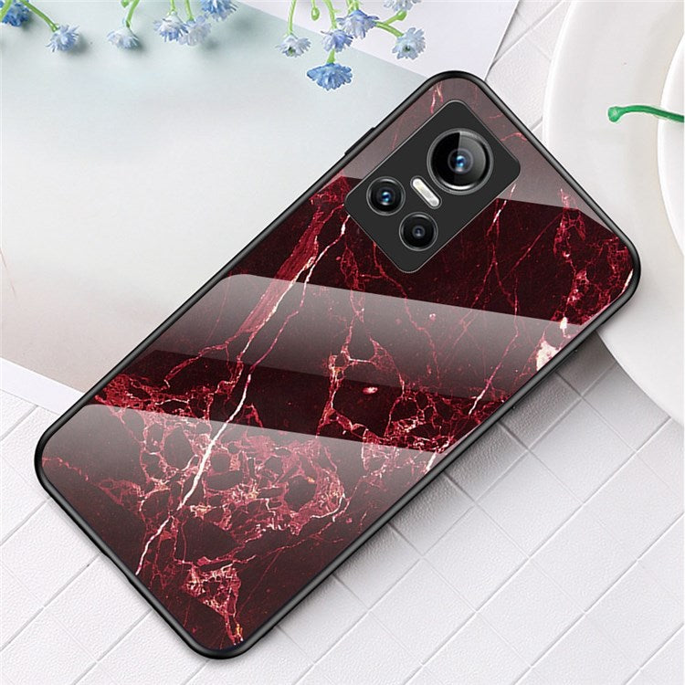 For Realme GT Neo3 Marble Pattern Tempered Glass + PC + TPU Phone Cover Scratch-Resistant Cell Phone Case - Blood Red Marble