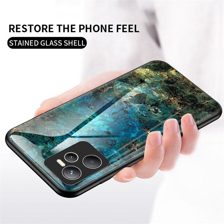 Marbling Pattern Tempered Glass Cover for Realme C35, Lightweight Slim Cell Phone Case - Emerald Marble