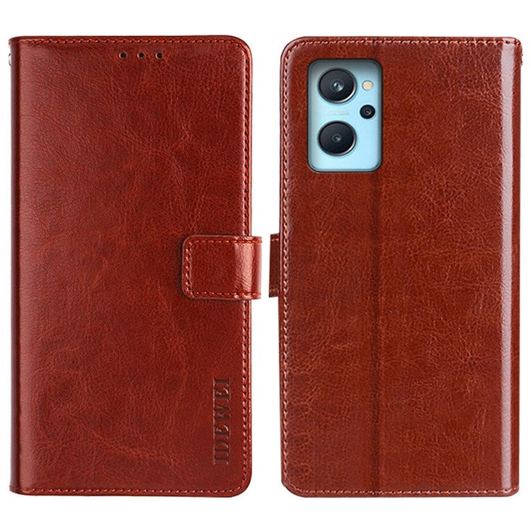IDEWEI for Realme 9i/Oppo A36/A76 Crazy Horse Textured Leather Folio Cover Magnetic Closure Full Protection Stand Book Design Phone Wallet Flip Case - Brown
