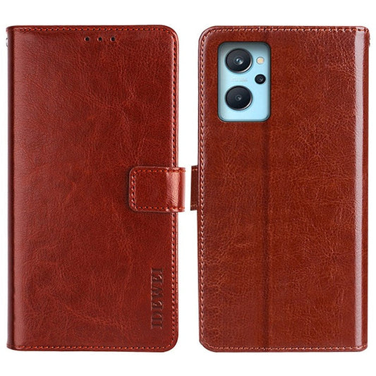 IDEWEI for Realme 9i/Oppo A36/A76 Crazy Horse Textured Leather Folio Cover Magnetic Closure Full Protection Stand Book Design Phone Wallet Flip Case - Brown