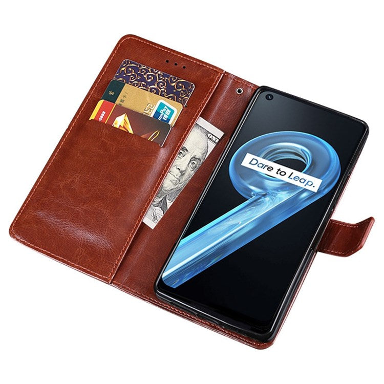 IDEWEI for Realme 9i/Oppo A36/A76 Crazy Horse Textured Leather Folio Cover Magnetic Closure Full Protection Stand Book Design Phone Wallet Flip Case - Brown