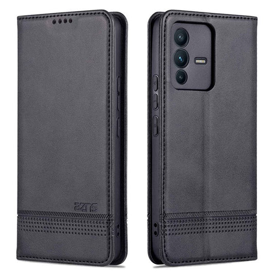 AZNS for vivo S12/V23 5G PU Leather Wallet Case Stand Magnetic Auto-absorbed TPU Shockproof Interior Protective Cover - Black
