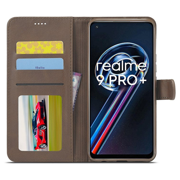 LC.IMEEKE for Realme 9 Pro 5G / 9 5G / V25 Anti-scratch Drop-proof Dual-sided Magnetic Clasp Textured PU Leather Cover Stand Wallet Style Phone Case - Brown
