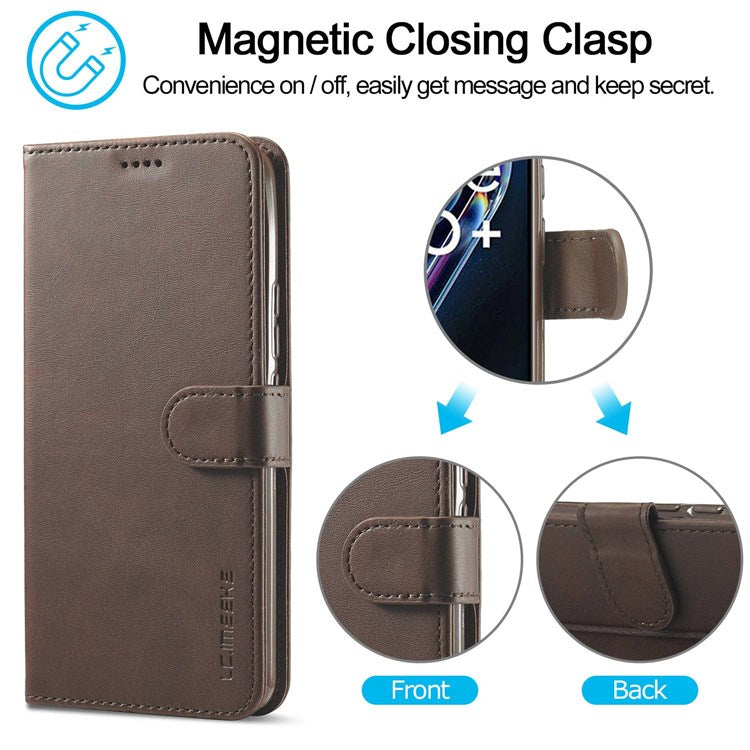 LC.IMEEKE for Realme 9 Pro 5G / 9 5G / V25 Anti-scratch Drop-proof Dual-sided Magnetic Clasp Textured PU Leather Cover Stand Wallet Style Phone Case - Brown
