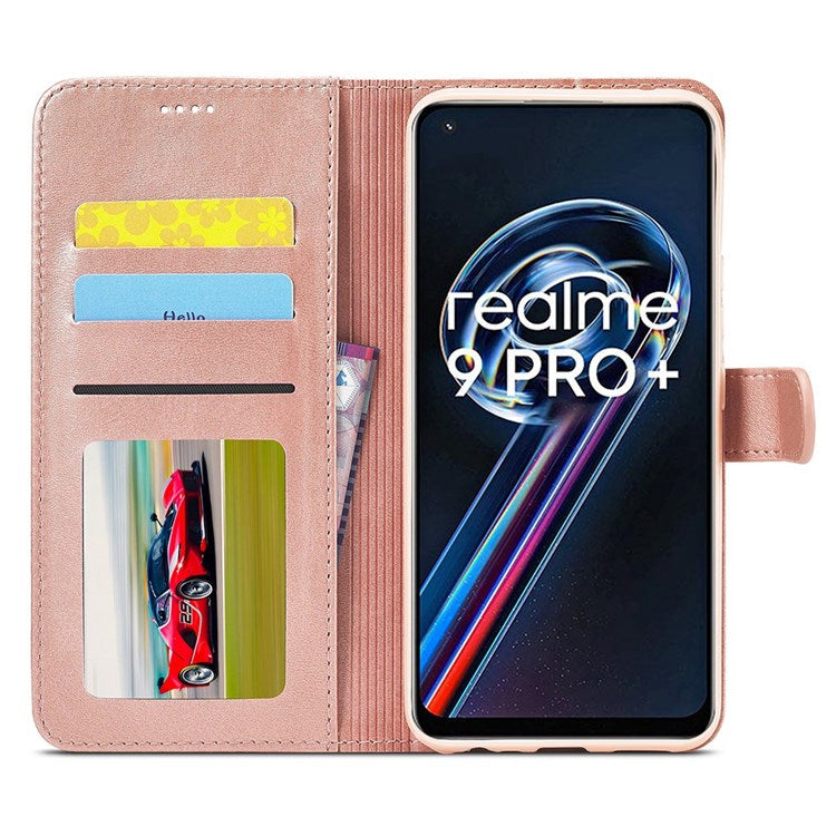 LC.IMEEKE for Realme 9 Pro 5G / 9 5G / V25 Anti-scratch Drop-proof Dual-sided Magnetic Clasp Textured PU Leather Cover Stand Wallet Style Phone Case - Pink