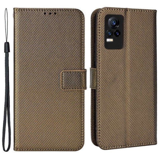 For vivo V21e 4G/Y73 Magnetic PU Leather Wallet Case Diamond Texture Stand Protective Shockproof TPU Folio Cover with Strap - Brown